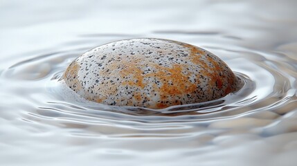 Smooth stone resting on calm water surface, reflecting light with gentle ripples around