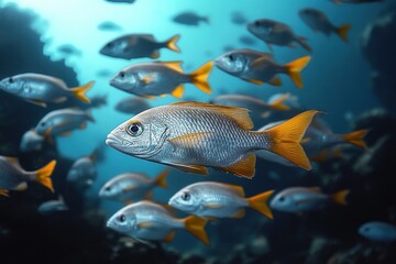 Fototapeta premium School of Barramundi Fish Swimming Underwater in Andaman Sea with Soft Diffused Lighting and Serene Atmosphere