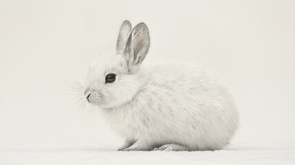 A fluffy white rabbit sitting quietly on a snowy surface, showcasing its soft fur and serene expression