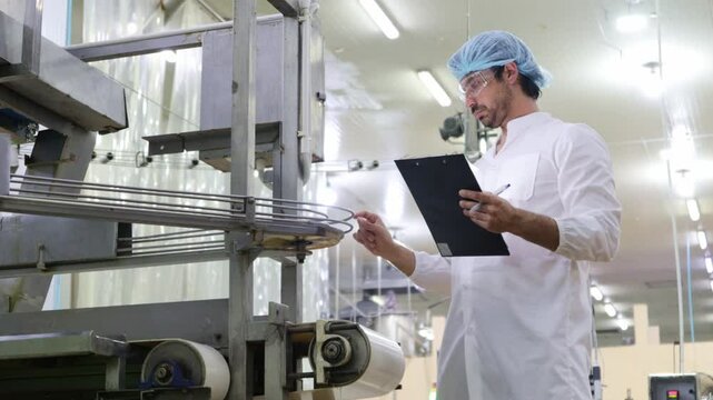 Large factory production line supervisor checks the production quality and oversees the operation of the conveyor belt conveying canned mackerel to the canning sauce filling point efficiently.