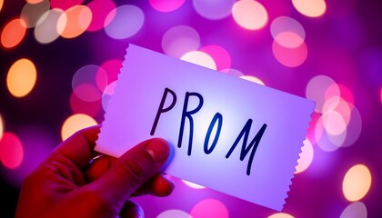 Hand holding a prom ticket against blurred colorful lights