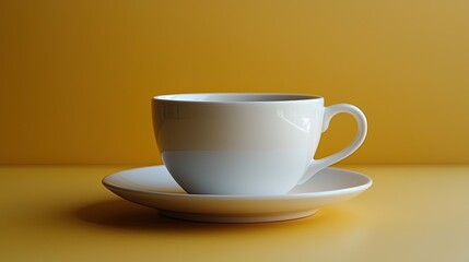 Minimalistic white cup and saucer on a vibrant yellow background, showcasing simplicity and elegance