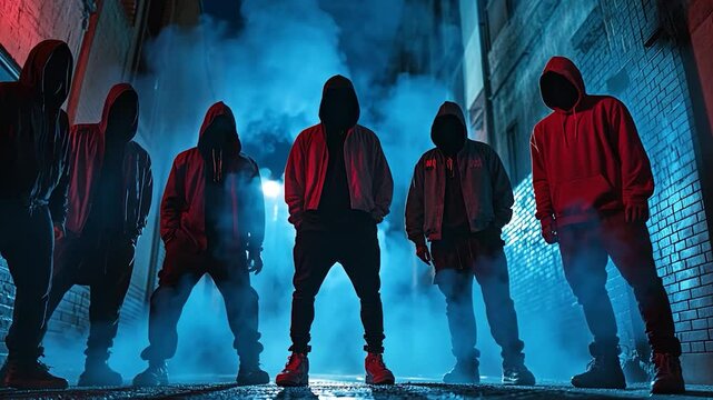 Masked figures in urban alley at night