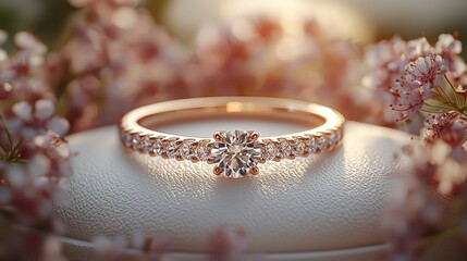 Elegant diamond ring displayed on soft cushion surrounded by delicate pink flowers in warm light