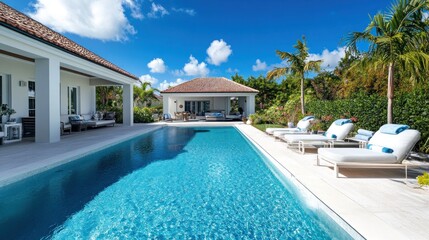 Fototapeta premium Tropical Villa Poolside Relaxation Luxury Caribbean home with pool, loungers, and lush landscaping