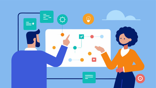 User Journey Mapping A consultant working with a client to create a user journey map on a large digital touchscreen illustrating the various touchpoints a customer encounters while