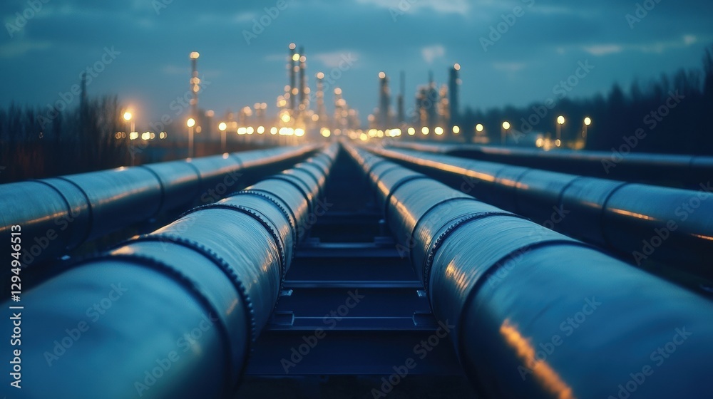 Fototapete Long pipelines transporting gas create a linear perspective amidst an industrial landscape during twilight hours. Generative AI