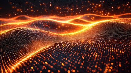 Abstract representation of glowing orange waves with sparkles, evoking a sense of motion and depth