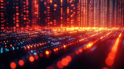 Abstract digital landscape with glowing particles representing data flow in a futuristic setting