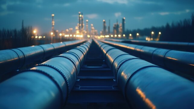 Long pipelines transporting gas create a linear perspective amidst an industrial landscape during twilight hours. Generative AI