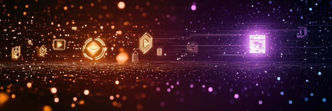 Futuristic Digital Cryptocurrency Landscape with Glowing Symbols and Neon Lights