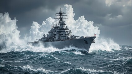 Majestic battleship cutting through towering waves in a storm radar and antennas prominent under dark clouds