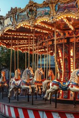 Fototapeta premium Vintage Carousel with Golden Horses and Christmas Decorations Illuminated in Evening Light