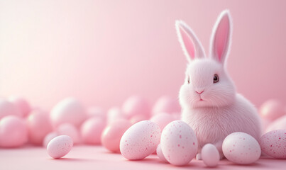Fototapeta premium Rabbits and lots of eggs on the pink background