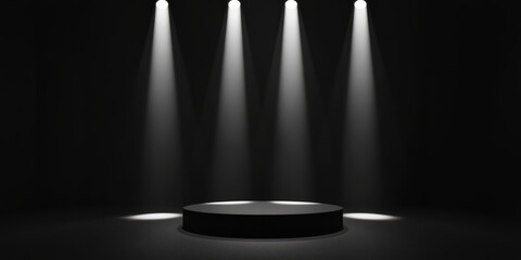 A monochrome fashion-themed 3D background featuring a sleek black podium under a series of artistic spotlight beams. The high-contrast setting, smooth textures, and minimalistic approach create a
