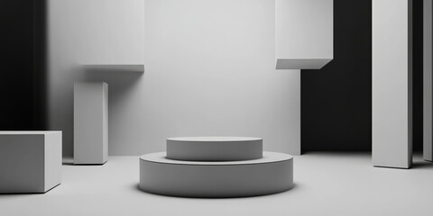 Fototapeta premium A minimalistic 3D background featuring a monochrome podium placed in an abstract environment of floating cubes. The sleek and contemporary design, combined with clean lines and soft shadows, creates a