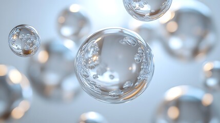 Fototapeta premium An Intriguing Close-Up of Luminescent Spheres with Gleaming Surfaces Floating on a Bright White Canvas