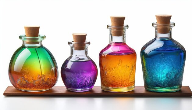 Colorful magic potion bottles with vibrant contents fantasy elixir 