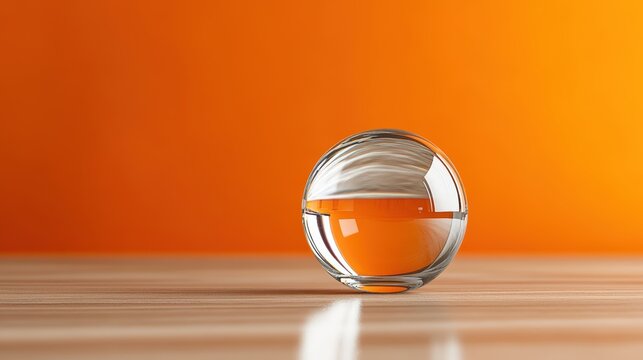 Glass ball on a table with an orange background and photo elements displayed creatively
