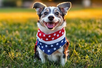 Patriotic Dog in American Flag Bow Tie on Green Grass Celebrating Independence Day