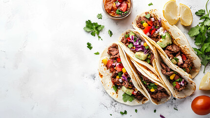 Delicious beef tacos served with fresh toppings and salsa, perfect for a vibrant meal or celebration in a cozy kitchen setting