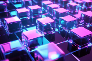 A surreal 3D abstract background displaying a levitating array of radiant, iridescent cubes, dynamically shifting in an endless, synchronized pattern. The glowing neon reflections and intricate sci-fi