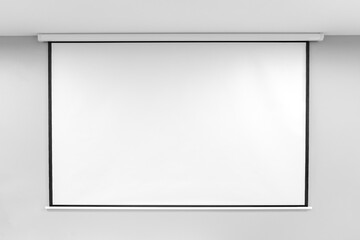 Obraz premium Blank White Projection Screen on Wall. Empty Space for Business Presentations, Educational Lectures, Conferences, Corporate Meetings, Advertising Displays, Training Sessions, and Home Theater Use