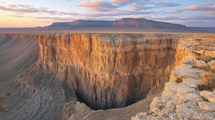 Majestic sunset over a vast canyon with rugged cliffs and distant mountains in serene landscape