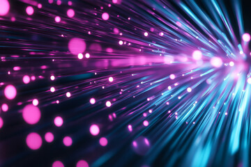Obraz premium A sleek 3D abstract background displaying interconnected luminous strands of fiber optics, transitioning smoothly between bright cyan and magenta hues. The glowing reflections enhance the futuristic