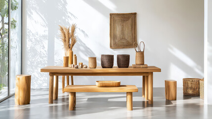Minimalist setting featuring handmade crafts and wooden furniture, creating serene atmosphere