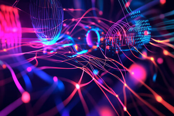 Obraz premium A surreal 3D music background showcasing a network of glowing neon strings connecting abstract, floating speakers. Pulsating sound waves ripple through the futuristic digital environment, creating a