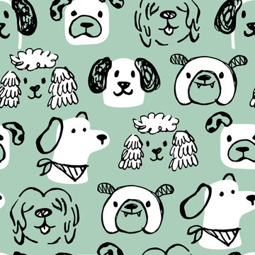 Doodle dog seamless pattern. Green childish background.	

