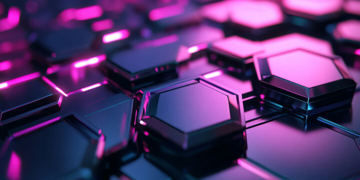 A sleek 3D abstract background featuring rotating metallic hexagons illuminated by soft neon hues. The futuristic geometric patterns and fluid reflections create a high-tech, sci-fi ambiance.