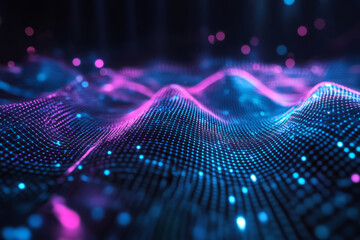 A mesmerizing 3D abstract background with a glowing neon mesh stretching infinitely in a futuristic cyberspace. The deep black void contrasts with the pulsating cyan and magenta hues, creating a