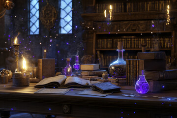 A magical wizardâ€™s study 3D background room filled with glowing spell books, bubbling potions, and enchanted artifacts. A grand wooden desk holds ancient scrolls and mystical symbols.