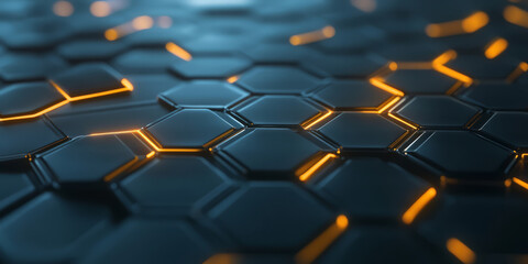 Obraz premium A sleek 3D abstract background featuring interconnected metallic hexagons emitting a soft cybernetic glow. The smooth reflections and glowing edges create an immersive futuristic digital experience.