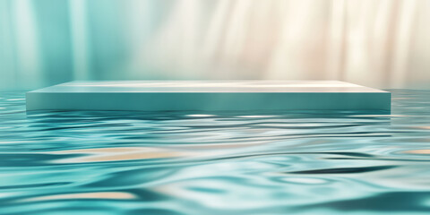 A water-inspired 3D background featuring a podium emerging from a tranquil, reflective pool. Gentle ripples and subtle light refractions add a sense of serenity and elegance, making it ideal for