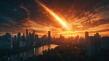 Fototapeta premium A blazing meteor streaks across the sky above a modern city skyline at sunset, creating a dramatic and apocalyptic atmosphere