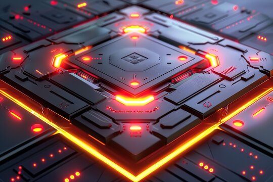 A futuristic 3D square design with complex metallic surfaces, glowing accents, and vibrant color transitions