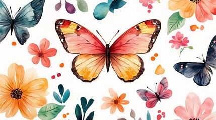Watercolor butterfly flowers spring nature design