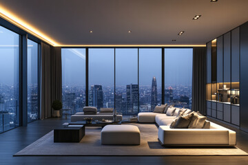 A luxurious modern penthouse 3D background room with a panoramic city view, floor-to-ceiling windows, and minimalist yet elegant furnishings. The space is illuminated by soft ambient lighting.