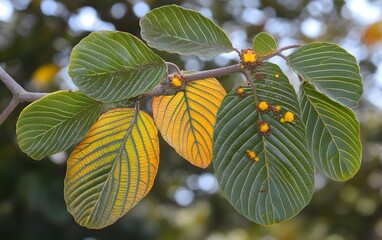 Vibrant Green and Yellow Leaves with Yellow Flowers Close Up Detailed View