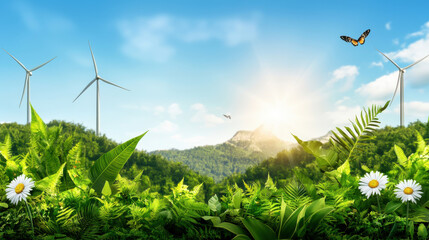 Obraz premium Nature reserve with wind turbines, lush greenery, and vibrant butterflies, showcasing flourishing ecosystem