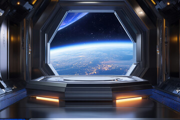 Fototapeta premium A space exploration event 3D background featuring a metallic podium on a futuristic space station. Through the massive observation window, Earth glows in the distance, while astronauts float in zero