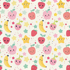 Seamless pattern with cute cartoon fruits and stars.