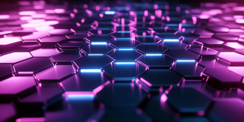 Fototapeta premium A surreal 3D abstract background featuring glowing hexagonal grids forming an infinite digital landscape. The soft neon gradients and deep reflections add a futuristic cyberpunk aesthetic to the