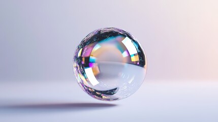 Crystal ball resting on a smooth white surface with natural light reflections and shadows