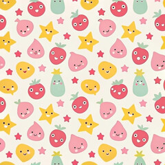 Cute seamless pattern with cartoon fruits and stars.