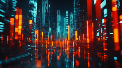 Futuristic Cityscape At Night With Neon Lights And Geometric Shapes