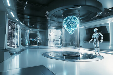 A sleek AI research lab 3D background room with robotic assistants, transparent display panels, and a holographic AI brain interface suspended in mid-air. The modern, high-tech environment is
